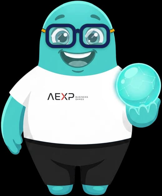 O Atlas, mascote da plataforma, de óculos de grau e camiseta da AEXP, segurando a esfera de cristal