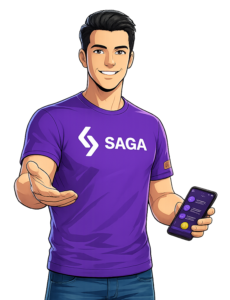 Mascote do Saga apresentando as perguntas frequentes